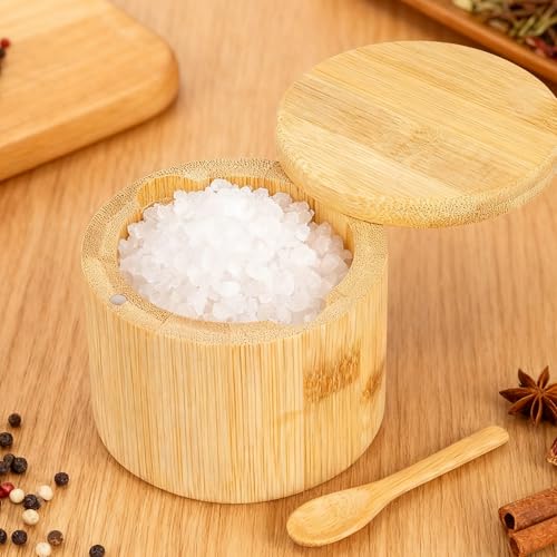 Bamboo Salt Cellar Salt Container Salt Box Bowl with Swivel Lid Spice Box with Spoon for Countertop to Store Sea Salt Pepper Sugar 6 Ounce Capacity