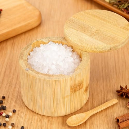 Bamboo Salt Cellar Salt Container Salt Box Bowl with Swivel Lid Spice Box with Spoon for Countertop to Store Sea Salt Pepper Sugar 6 Ounce Capacity