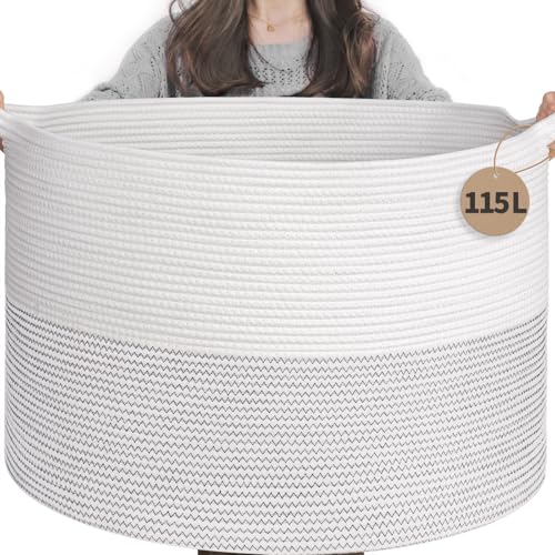 INDRESSME 115L Extra Large Woven Rope Blanket Basket Living Room, White | Storage baskets for organizing toys, laundry & pillows. Fits living room, bedroom or nursery décor. Soft-touch with handles - color: White, size: 23.6"D x 15.7"H