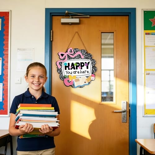 Kajaia Teacher Classroom Door Sign Back to School Notebook Composition Decor 13 in Wooden Smile Face Preppy Welcome Door Sign Happy You Are Here Teacher Gift for First Day of School Preschool Wall