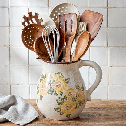 Retro Rustic Ceramic Utensil Holder 6.1" Modern Farmhouse Utensil Crock with Handle Kitchen Organizer for Countertop Home Decoration Housewarming Gift(Sunflower) - style: Sunflower