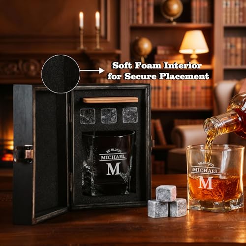 Personalized Whiskey Glass Gift Set – 10.25 oz Engraved 1 Bourbon Glass & 3 Stones & 1 Wooden Coaster with Wooden Box,Old Fashioned Cocktail Glass, Groomsmen & Father’s Day Gift.