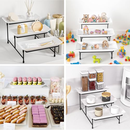 3 Tier Serving Tray, 12'' Collapsible BPA Free Dessert Stand, Black | 3-Tier Serving Platter. BPA-Free, Shatterproof. Steel Frame, Collapsible. Ideal For Parties, Weddings, BBQ & Holiday Events. - color: Black, size: 12" x 11.6" x 8.7"