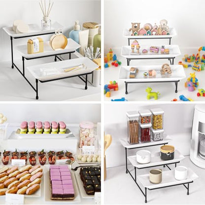 3 Tier Serving Tray, 12'' Collapsible BPA Free Dessert Stand, Black | 3-Tier Serving Platter. BPA-Free, Shatterproof. Steel Frame, Collapsible. Ideal For Parties, Weddings, BBQ & Holiday Events. - color: Black, size: 12" x 11.6" x 8.7"