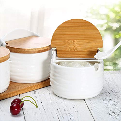 Ceramic Sugar Bowl with Bamboo Lids and Spoons Serving Tray, Porcelain Sugar Container for Sugar Tea Coffee Spice,Salt Condiment with Chalkboard Labels for Home Kitchen ,9.1 fl oz 270 ML,3PCS - color: C-001-3