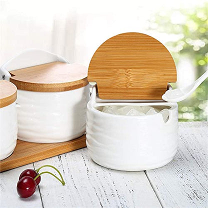 Ceramic Sugar Bowl with Bamboo Lids and Spoons Serving Tray, Porcelain Sugar Container for Sugar Tea Coffee Spice,Salt Condiment with Chalkboard Labels for Home Kitchen ,9.1 fl oz 270 ML,3PCS - color: C-001-3