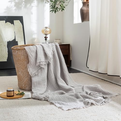 FOSSA Muslin Blanket 4-Layer 100% Cotton Gauze Blanket with Fringe 50"x70" | Super Soft Breathable Lightweight All Season & Decforative Blanket for Bed, Sofa, Office - color: Grayish, size: Throw XL (50" × 70")