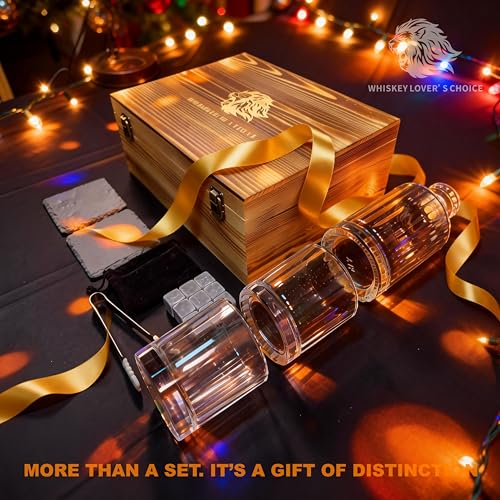 Whiskey Decanter Set 500ml(17oz), Lead-Free Crystal with 2 Glasses, Flat Panel for Custom Labels, Granite Chilling Stones, Slate Coasters, Premium Pine Gift Box, Compact Bar Kit for Bourbon Scotch