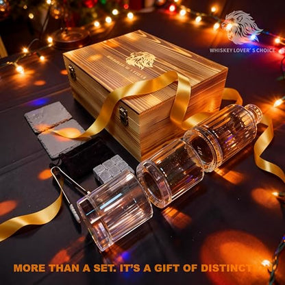Whiskey Decanter Set 500ml(17oz), Lead-Free Crystal with 2 Glasses, Flat Panel for Custom Labels, Granite Chilling Stones, Slate Coasters, Premium Pine Gift Box, Compact Bar Kit for Bourbon Scotch