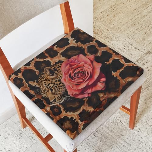 Leopard Rose Memory Foam Chair Cushion for Dining Chair Comfortable Leopard Print Seat Cushion Non Slip Kitchen Cafe Office Square Chair Pad - color: Multi 3