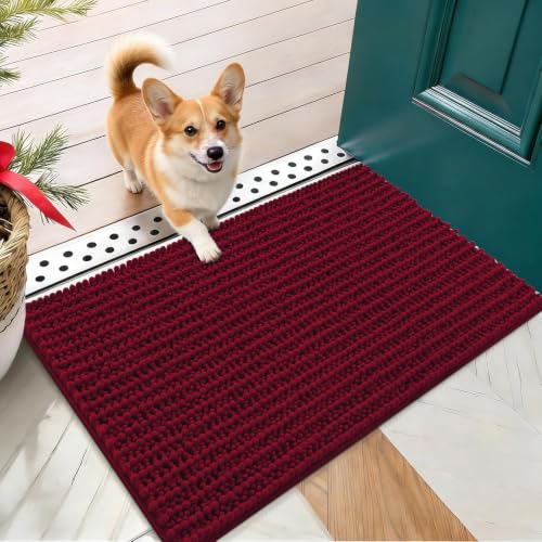 OLANLY Dog Door Mat for Muddy Paws 24x16, Ultra-Absorbent Chenille Mud Mat | Burgundy, Absorbs Moisture and Dirt, Non-Slip Washable Doormat, Quick-Drying Indoor Entryway Floor Carpet for Dogs - color: Burgundy, size: 24" X 16"