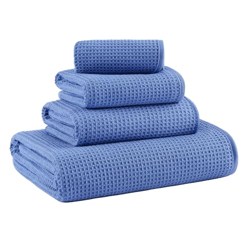 MICROFI Waffle Weave Bath Towel Set, Microfiber, 4 Pieces (Body/Hair/Hand/Face), Quick Dry, Lightweight, Super Absorbent, Lint Free, 380 GSM (Dark Blue) - color: Dark Blue