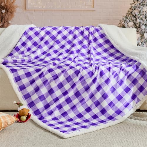 BEAUTEX Christmas Sherpa Fleece Throw Blanket Soft Warm Buffalo Plaid | Plush Blanket & Throw, Winter Cozy Fuzzy for Couch, Sofa, Bed (Purple, 50" x 60") - color: Purple, size: Throw-50"x60"