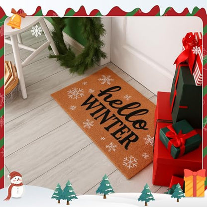 Tinideya Christmas Welcome Front Doormat, Xmas Non Slip Outdoor Mat Rug with Christmas Snowflake Decoration Pattern for Farmhouse Home Entrance Decor Yard Floor Patio, 17 x 30 Inches(Hello Winter) - style: Hello Winter