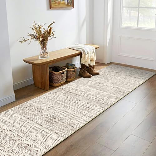 Washable Moroccan Runner Rug 2'6"x8'- Non Slip Living Room Rugs Bedroom Carpet Rubber Backing Hallway Floor Mat for Home Entryway with Low Pile Modern Rug 2'6"x8' Beige | Soft Hallway Rugs Low Pile Thin Carpet Runners for Entryway Bedroom Bathroom Living