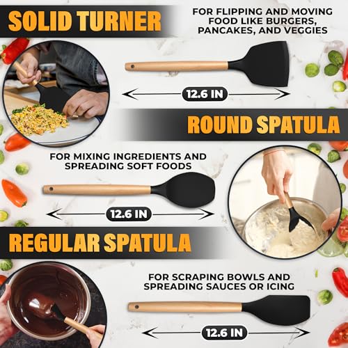 14 Pcs Kitchen Utensils Set with Holder, Beech Handles (Black) | Black Silicone Cooking Utensils Set; Spoons, Tongs, Whisk, Spatula, Countertop Holder, Non-Scratch for Cooking & Baking Needs - color: Black