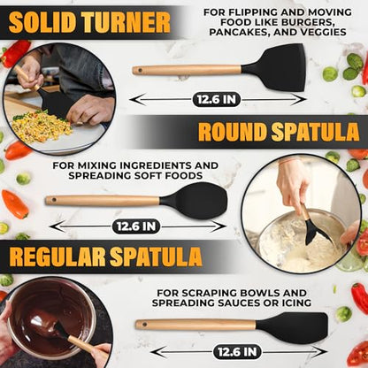 14 Pcs Black Kitchen Utensils Set with Holder for Nonstick Cookware | Silicone Cooking Utensils Set for BBQ; Heat-Resistant Tools with Wooden Handles for Baking, Serving, Frying, and Mixing - color: Classic Black