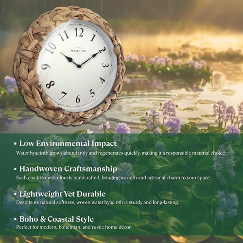 Farmhouse Series, Rustic Woven Clock | 10.5-Inch Natural Woven Water Hyacinth/Seagrass Wall Clock, Wall Art for Home & Farmhouse Decor - size: 10.5 inch