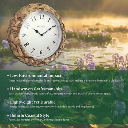 Farmhouse Series, Rustic Woven Clock | 10.5-Inch Natural Woven Water Hyacinth/Seagrass Wall Clock, Wall Art for Home & Farmhouse Decor - size: 10.5 inch