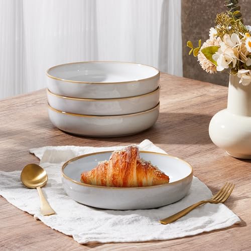 E-far Stoneware Pasta Bowls Set of 4, 35oz Double Reactive Glaze | Wide & Shallow Ceramic Pasta Plates for Serving Salad Soup Dinner, Dishwasher & Microwave Safe, Seashell White - color: Seashell White