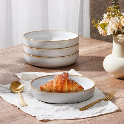 E-far Stoneware Pasta Bowls Set of 4, 35oz Double Reactive Glaze | Wide & Shallow Ceramic Pasta Plates for Serving Salad Soup Dinner, Dishwasher & Microwave Safe, Seashell White - color: Seashell White