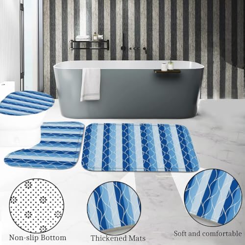 DDQQ 4Pcs Blue Bathroom Set Stripe Shower Curtain Set Modern Geometric Shower Curtain for Bathroom with 12 Hooks, Bathroom Carpet Bath Mat and Toilet Rugs - color: Blue