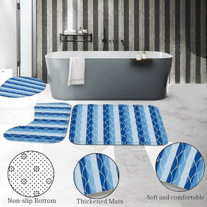 DDQQ 4Pcs Blue Bathroom Set Stripe Shower Curtain Set Modern Geometric Shower Curtain for Bathroom with 12 Hooks, Bathroom Carpet Bath Mat and Toilet Rugs - color: Blue