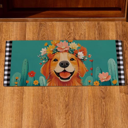 Evergreen Sassafras Floral Dog Switch Mat, Interchangeable Entrance Front Door Mat Indoor and Outdoor Welcome Mat for Entryway, 22" x 10" Non Slip Backing Low Profile Sassafras Spring Doormat Inserts - color: Floral Dog