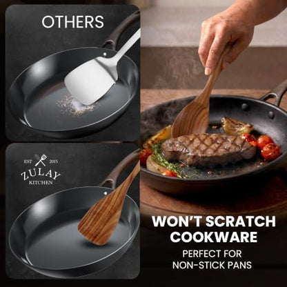 Zulay Kitchen Extra-Large 6-Piece Wooden Spoon Set - Smooth Teak Cooking Utensils - Comfort-Grip Non-Stick Turner, Spatula, Skimmer, Fork, Serving Spoon - size: 6 Piece | Large
