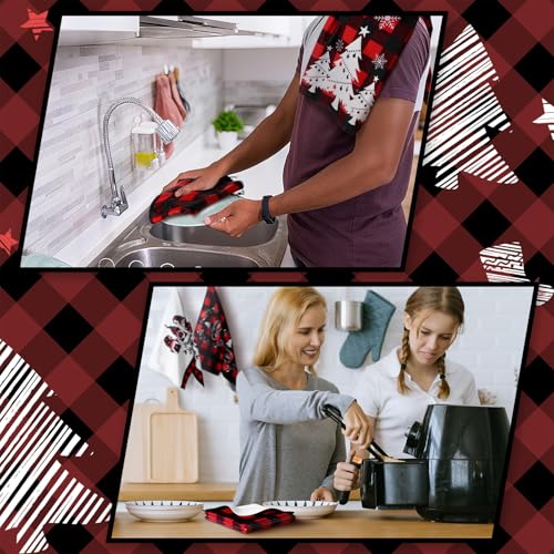 Sratte 20 Pcs Christmas Kitchen Towel Oven Mitts and Pot Holders Set Red and Black Buffalo Plaid Dish Cloths Set Heat Resistant Oven Gloves Hot Pads Reusable Dish Rags, Absorbent Towels