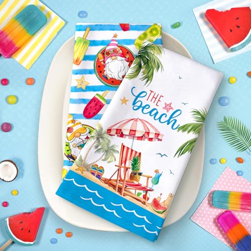 Summer Beach Gnome Tea Towels 4Pcs 19"×27.5", 100% Cotton Soft Kitchen Towel Hand Towels Multiple Uses Quick Dry Dish Cloth for Kitchen, Anniversary,Wedding, Decoration | 18.9 x 27.5 in / 48 x 70 cm, Lightweight Woven Dish Cloth with Beach Gnome Print for