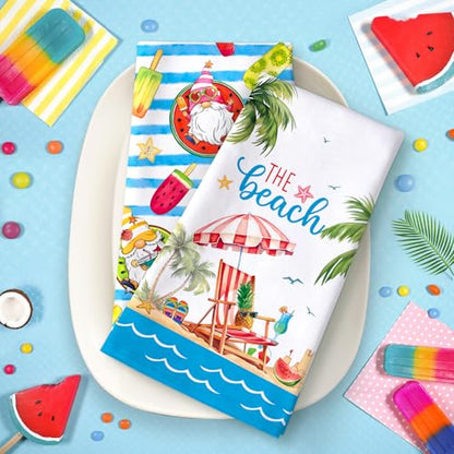 Summer Beach Gnome Tea Towels 4Pcs 19"×27.5", 100% Cotton Soft Kitchen Towel Hand Towels Multiple Uses Quick Dry Dish Cloth for Kitchen, Anniversary,Wedding, Decoration | 18.9 x 27.5 in / 48 x 70 cm, Lightweight Woven Dish Cloth with Beach Gnome Print for