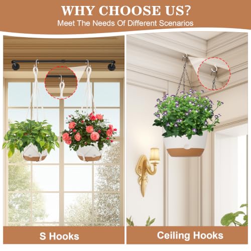 Self Watering Hanging Planter, 3 Pack 10 Inch Macrame Plant Hanger with Flower Pot, Metal Chain, S & Ceiling Hooks, Drainage Holes, Removable Saucer, Hanging Basket Holders for Indoor Plants - White - color: White