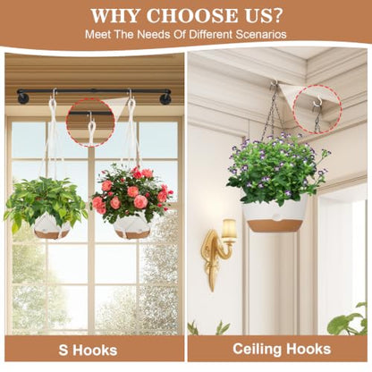 Self Watering Hanging Planter, 3 Pack 10 Inch Macrame Plant Hanger with Flower Pot, Metal Chain, S & Ceiling Hooks, Drainage Holes, Removable Saucer, Hanging Basket Holders for Indoor Plants - White - color: White