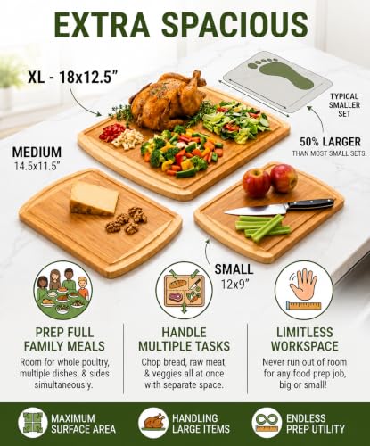 INDESTRUCTIBLE Extra Large Bamboo Cutting Board Set of 3 with Vertical Grain Strength Technology - XL Wood Cutting Boards for Kitchen and Lightweight Chopping Board Set - Replacements for Life - color: Two-Tone