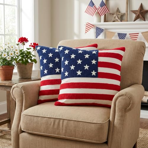 Patriotic American Flag Pillow Covers Set of 2 18x18, Chenille - color: Red, White, Blue, size: 18" x 18" (Pack of 2)