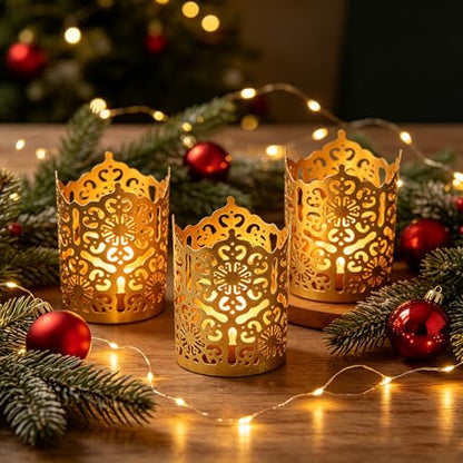 Hosley Set of 3 Gold Diamond Cut Candle Holders 4 Inches High Elevate Your Space with Elegant Metal Candle Holders in a Value Pack - color: Gold 3 Pack, size: 4 inch High
