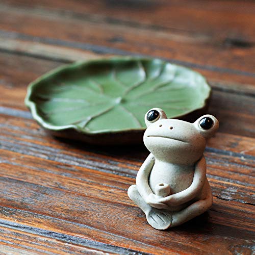 NAGU 100% Handmade Ceramic Stick Incense Burner Holder,Small Frog Incense,Lotus Leaf Tray,Mini Cute Animal Statue Home Incense Burner