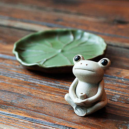 NAGU 100% Handmade Ceramic Stick Incense Burner Holder,Small Frog Incense,Lotus Leaf Tray,Mini Cute Animal Statue Home Incense Burner