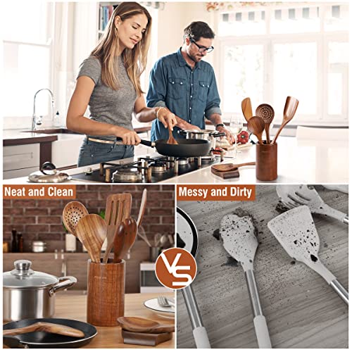 Mooues Wooden Kitchen Utensil Set, 9 Piece Natural Teak with Spoon Rest | Wooden Cooking Utensils with Comfort Grip, Smooth Durable Heat Resistant Cooking Spoons and Utensils Holder for Cooking - size: 9 PCS Set