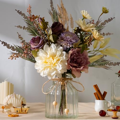 LESING Dahlia Flower Aritificial Flower with Vase Fake Silk Flowers in Glass Vase Faux Rose Flowers Arrangement for Home Office Table Centerpiece Decoration (Purple) - color: Purple