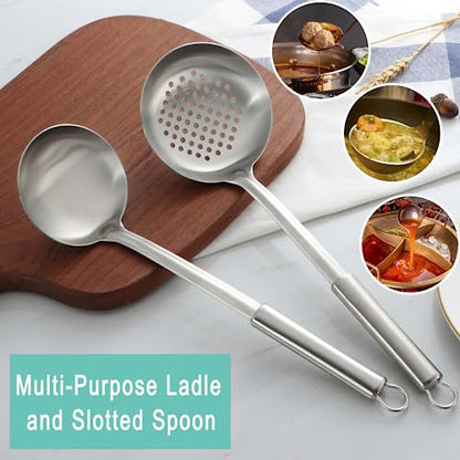 Pleafind 2-Pcs Ladle and Slotted Spoon, Soup Ladle and Strainer Spoons, Stainless Steel Cooking Spoon and Skimmer Spoons, Kitchen Utensils, Wok Utensils for Home and Restaurant, Dishwasher Safe - color: 2P-Grey