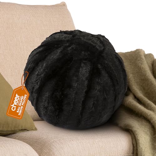 Cheer Collection Ultra Soft Faux Fur Round Pillow - Decorative and Fun Throw Pillows for Couch, Bed & Living Room - Funky Sphere Pillow for Kids & Adults - Aesthetic Pillows for Accents - Black - color: Black