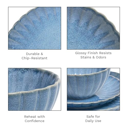 12 Pieces Stoneware Dinnerware Set, Microwave and Dishwasher Safe, for 4 | Scallop Frill Design, Chip Resistant, Ceramic, Includes Plates and Bowls - color: Blue, size: 12-Piece Set