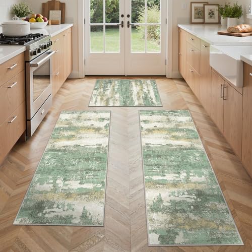 GENIMO Kitchen Rugs Set of 3, Washable Non Slip Kitchen Mats for Floor | 20"x32"&20"x48"&20"x59", Green vintage abstract rug, soft faux cashmere, low pile, easy-clean for laundry - color: Green, size: 20"x32"+20"x48"+20"x59"