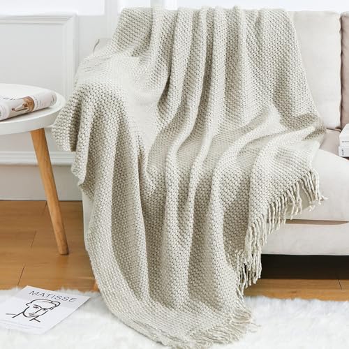 Blagic Grey and White Knit Throw Blanket with Tassel Home Decor Blanket Holiday Throw Wrap Shawl Scarf, Lightweight Soft Cozy Warm Fluffy, Wheat Textured, 60" W x 80" L - color: F-grey & White, size: 60 × 80 in