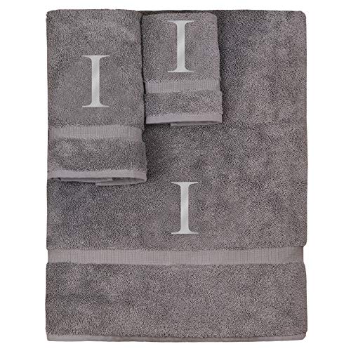 Monogrammed Towel Set, Personalized Gift, Set of 3- Silver Block Letter Embroidered Towel - Extra Absorbent 100% Turkish Cotton - Soft Terry Finish - Initial I Gray - color: Gray & Silver, size: Initial - I