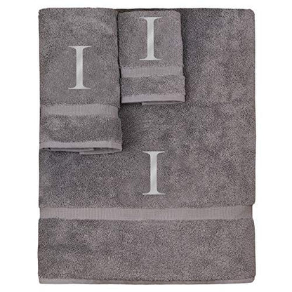 Monogrammed Towel Set, Personalized Gift, Set of 3- Silver Block Letter Embroidered Towel - Extra Absorbent 100% Turkish Cotton - Soft Terry Finish - Initial I Gray - color: Gray & Silver, size: Initial - I