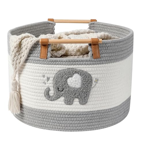 Large Blanket Basket 35L Cotton Rope Basket with Wooden Handles Woven Baskets for Kids Stuffed Animal Toys Storage for Nursery, Laundry Hamper Clothes Baby Hamper Boys Gift Basket Empty, (Elephant ） - color: Elephant, size: Large