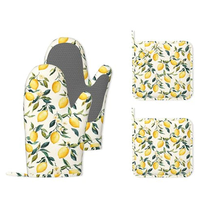 Retro Lemon Floral Silicone Oven Mitts and Pot Holders,Heat-Resistant 4 Piece Kitchen Set Non-Slip Oven Gloves and Hot Pads for Cooking, Baking, Grilling,BBQ - color: Retro Lemon Floral
